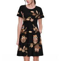 Cute Brown Cartoon Owls Womens Summer Dress Casual Swing Short Sleeve Sundresses Beach A-Line Shift 