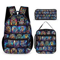 ZCJB-WSRY Owl Backpack with Lunch Box & Pencil Case, 16 Inch Cute Owl Themed Bookbag, Adjustable