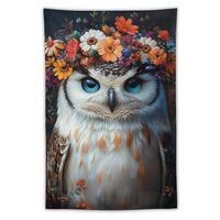 Owl Wearing Flower Crown Tapestry Polyester Wall Hanging Modern Aesthetic Tapestry for Home Bedroom 