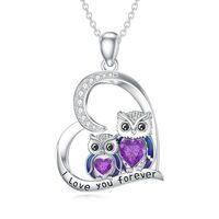 Natural Amethyst Owl Necklace for Women 925 Sterling Silver I Love You Forever Heart Owl Pendant Ani
