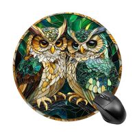 Stained Glass Green Gold Owl Mousepad Round Computer Mousepad Waterproof Gaming Mousepads with Non-S