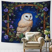 Barn Owl Tapestry, Violet Floral Night Sky Wall Hanging, Autumn Aesthetic Decor for Living Room, Bed
