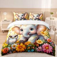 AILONEN Cute Cartoon Elephant Duvet Cover Set King Size,Elephant and Owl Bedding Set,Natural Flowers