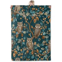 ICAAV Owl Tree Flannel Blanket 50x60in, Vintage Forest Throw with Brown Owls on Teal Botanical Branc