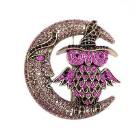Vintage Owl on the Moon Rhinestone Brooch for Women Men Charms Crystal Animal Bird Crescent Brooches