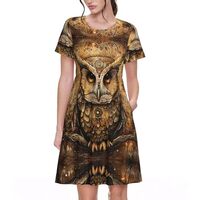 Owl Beliefs Print Stylish Summer for Women Maxi Dresses,Flowy,Short Sleeve,with Side Pockets Black