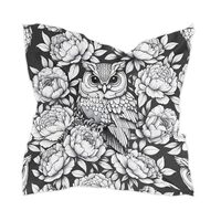 FLildon Square Scarf Owl with Peony Flowers Silk Feeling Bandanas Head Scarfs Hair Wraping Neckerchi