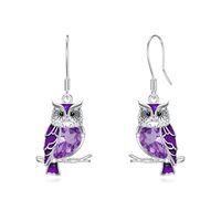 Reaii Natural Amethyst Owl Earrings for Women 925 Sterling Silver Owl Drop Dangle Earrings Genuine A