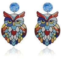 Cute Floral Acrylic Owl Stud Earrings Bird Dangle for Women Statement Blue Glitter Jewelry Animals G