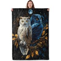 UNDAHIS Mystic Owl Blanket, Soft Warm Cozy Elegant White & Blue Owls Throw Blanket Gifts for Adu