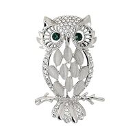 Crystal Rhinestone Owl Brooch Pin Fashion Elegant Cartoon Cat Eye Stone Owl Gold Silver Dual Color B