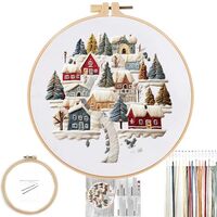 FONNUY Crewel Christmas Embroidery Kit for Beginners, Cross Stitch Set Winter Snow Scene Pine Owl Pa