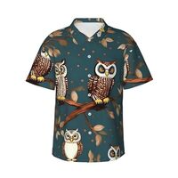 Owls On Tree Branches Print Men's Hawaiian Style Short-Sleeve Shirt for Beach, Travels, Outdoor
