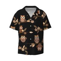 Cute Brown Cartoon Owls Print Men's Functionality Shirts Short Sleeve Button Down Cuban Collar 