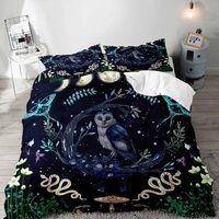 LUVIVIHOME 3PCS Celestial Owl Duvet Cover Full Bedding Set, Snake Teal Moth Wildflower Botanical Pla