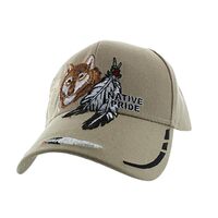 Artisan Owl Native Pride Wolf with Feather Cap - Detailed Embroidery and Stitching Hat (Khaki)
