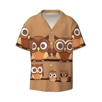 Cute Big Brown Cartoon Owls Print Hawaiian Shirts Men Short Sleeve Button Down Cuban Collar Shirt Su