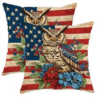 Patriotic Owl Pillow Covers Set of 2, Red White Blue America Flag Decorative Throw Pillow Cases, Sum