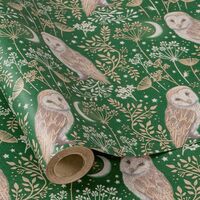 RUSPEPA Kraft Christmas Wrapping Large Paper Roll, Jumbo Roll, Green Owl, Botanical and Moon Design,