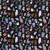 Fat Quarter Magic Theme 100% Cotton Flannel ~ 18 inch x 21 inch Black Background with Owls, Cat, Bug