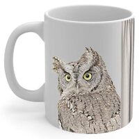 Gray Eastern Screech Owl Portrait Mug 11oz White - Cute Curtain Peeking Design Ceramic Coffee Cup - 