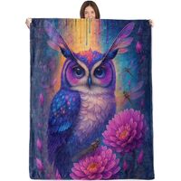 Wicked Colorful Owl Blanket,50x60in,Cozy Flannel Throw with Fantasy Bird Dragonfly Wing Flower Rainb