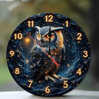Night Sky Owl Wall Clock Glowing Feathers Decor 2D No Led Wall Clock Battery Operated 10 Inch,Framel