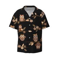 Cute Brown Cartoon Owls Print Stylish Cuban Collar Refresh Short Sleeve Shirt Casual Everyday Wear T