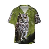 Owl Tree Branches Print Stylish Cuban Collar Refresh Short Sleeve Shirt Casual Everyday Wear Travel 