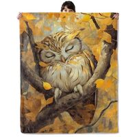 onlcuk Sleepy Owl Blanket, Cozy Flannel Autumn Owl Resting on Tree Throw Blanket, Soft Fuzzy Blanket