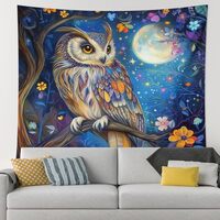 Floral Flower Owl Tapestry Wall Hanging, Forest Tree Branch Moons Night Tapestry for Bedroom Men Wom