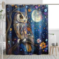 DESIHOM Floral Flower Owl Shower Curtain Set, Forest Tree Branch Moons Night Shower Curtain, Bird Ba