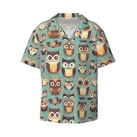 Animal Cartoon Owls Cute Print Short Sleeve Shirt Cuban Collar Beach Casual Style Summer Vacation Re