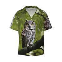 Owl Tree Branches Print Short Sleeve Shirt Cuban Collar Beach Casual Style Summer Vacation Relaxed F