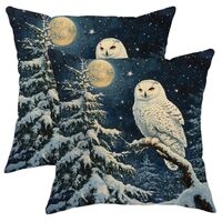 GDHBLING Winter Snowy Owl Throw Pillow Covers 18x18 Set of 2, Soft Stars Night Moons Forest Tree Pil