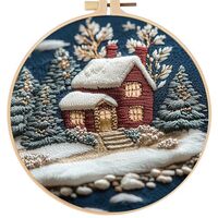 FONNUY Christmas Embroidery Kit for Beginners, Cross Stitch Set Winter Snow House Scene Pine Owl Pat