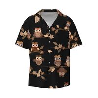 Cute Brown Cartoon Owls Print Classic Short Sleeve Button Down Casual Shirt Keep Cool Relaxed Summer