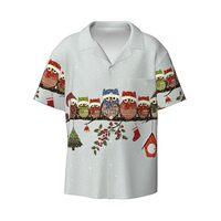 Cute Christmas Owls On Branch Print Classic Short Sleeve Button Down Casual Shirt Keep Cool Relaxed 
