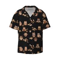 Cute Brown Cartoon Owls Print Short Sleeve Shirt Cuban Collar Beach Casual Style Summer Vacation Rel