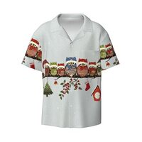 Cute Christmas Owls On Branch Print Short Sleeve Shirt Cuban Collar Beach Casual Style Summer Vacati