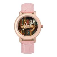 Sleeping Cat Bookshelf Owl Women's Custom Watch Fashion Wristwatches Soft Strap Stylish Present