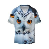Snowy Owl Eyes Print Fashion Short Sleeve Button Down Cuban Collar Shirt Left Chest Convenient Pocke