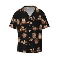 Cute Brown Cartoon Owls Print Fashion Short Sleeve Button Down Cuban Collar Shirt Left Chest Conveni