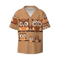 Cute Big Brown Cartoon Owls Print Men's Hawaiian Softness Shirts Short Sleeve Button Down Cuban