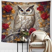 Elegant Owl Tapestry, Red Roses Bohemian Wall Hanging, Autumn Aesthetic Tapestries for Living Room, 