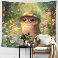 Cute Owl Tapestry, Colorful Floral Spring Wall Hanging, Fanciful Decorative Tapestries for Bedroom, 