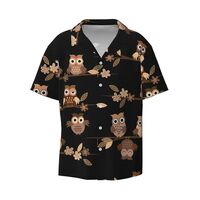 Cute Brown Cartoon Owls Print Fashion Short Sleeve Button Down Cuban Collar Shirt Left Chest Conveni