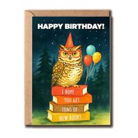 GoGi93Art I Hope You Get Tons Of New Books Card - Owl Happy Birthday Card - Cute Greeting - Book Lov