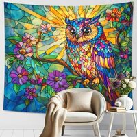 Colorful Owl Tapestry, Floral Art Wall Hanging in Bright Blue and Violet, Spring Decorative Tapestri