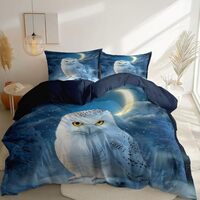 Dark Blue Duvet Cover Set Animals Snow Owl Theme, King Size Microfiber Comforter Bedding Set 3 Piece